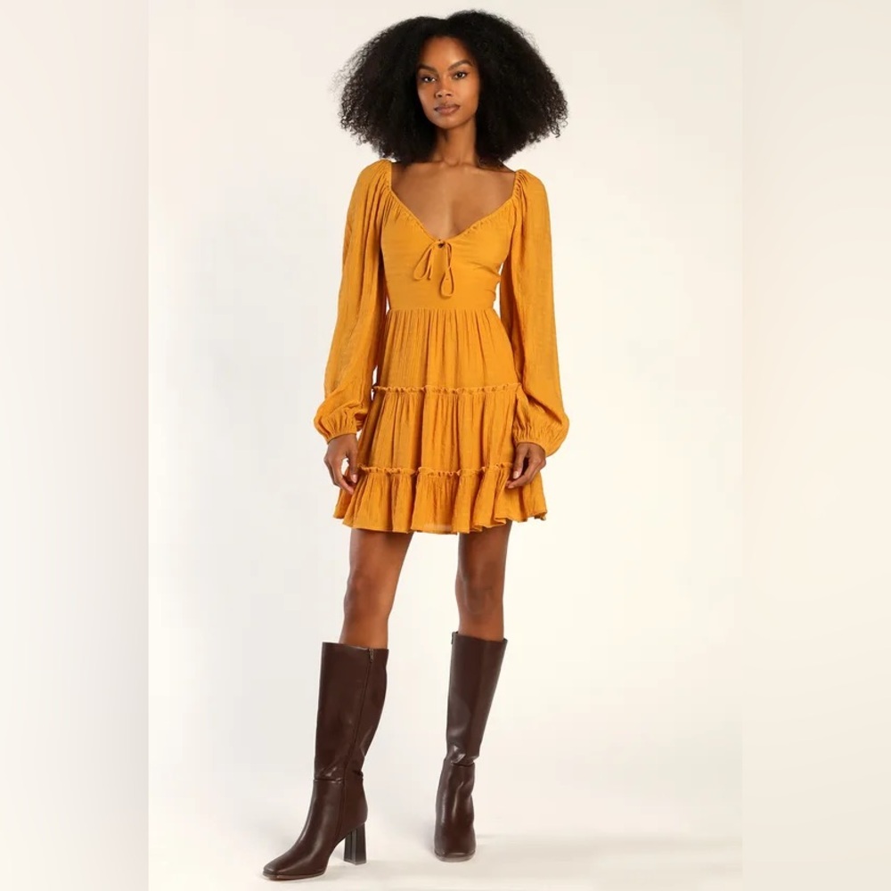 Lulu’s NWT Tender Memories Yellow Tiered Ruffled Balloon Sleeve Mini Dress